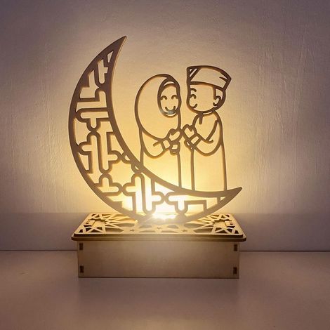 DIY-Ramadan-Dekorationsset mit LED-Mondmotiv aus Holz, Herr und Frau Mond, Eid-Geschenk, festlicher Schmuck (Tasche) (1/5)