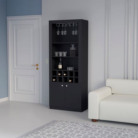 Meuble bar en mélamine Nebo avec 4 étagères, 2 portes, 10 porte-bouteilles et 8 porte-verres, noir, 190 cm X 75 cm X 36.5 cm (1/5)
