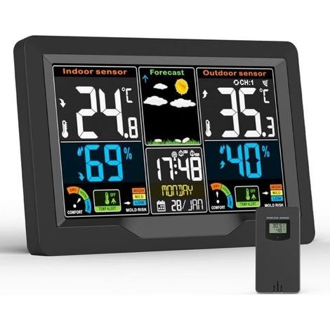 Station Meteo, Station Meteo Interieur Exterieur sans Fil avec Capteur Extérieur, Écran LCD Couleur Numérique, Thermomètre Hygromètre Baromètre des Phases de Lune, PréVision de la TempéRature Météo
