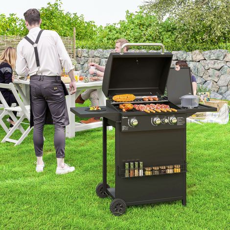 Barbecue à gaz avec brûleurs indépendants, couvercle doté d’un thermomètre, table latérale, noir (1/5)
