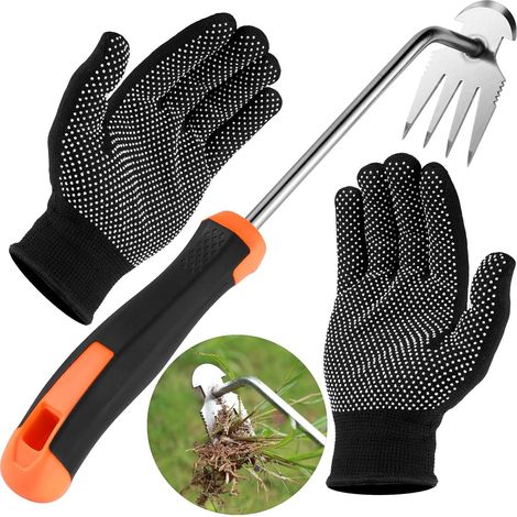 Desherbeur Manuel, Arrache Mauvaise Herbe Poignée en Caoutchouc, Désherbeurs Manuels, Scarificateur Manuel Couteau Désherbeur, avec Gants Respirants Antidérapants (1/5)