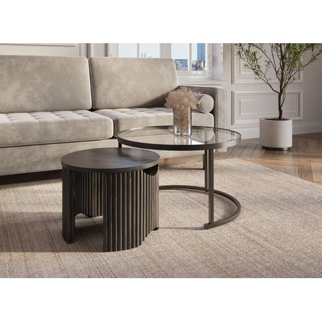 TAYRON - Lot de 2 tables basses rondes gigognes en verre et bois noir TAYRON (1/5)