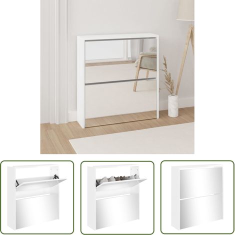 The Living Store Armoire à chaussures miroir 2 niveaux Blanc brillant 63x17x67cm - Meuble Chaussure - Rangements Chaussures - Armoire Chaussures - Étagère Chaussures - Tiroir Chaussure (1/5)