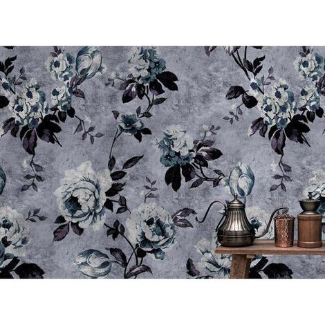 Papier peint panoramique floral gris pour couloir Tapisserie panoramique motif rose grise pour chambre adulte Papier peint panoramique fleuri escalier (1/3)