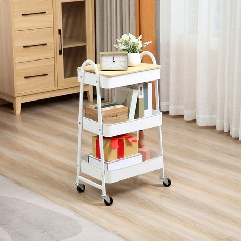 Chariot de cuisine 45x31x79,4 cm blanc avec 3 niveaux, couvercle et roulettes (1/5)