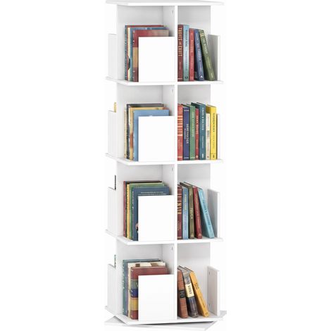 Homcom – Bibliothèque rotative 4 niveaux – 16 compartiments – Panneau de particules blanc – Dimensions 39 x 39 x 128,3 cm – Protection anti-basculement