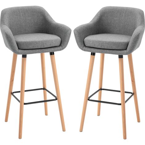 Tabourets de Bar Design scandinave - Lot de 2 tabourets de Bar Grand Confort avec Repose-Pieds et accoudoirs - Bois massif Lin Gris foncé