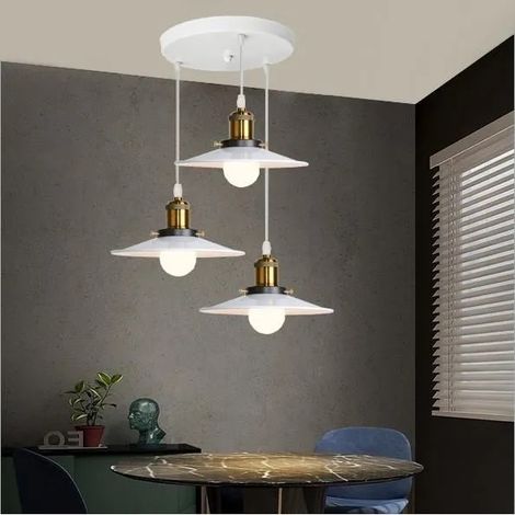 E27 Vintage Lustre Suspension Industrielle Salon Blanc Lampe Luminaire en Métal Retro pour Salon Chambre (1/4)