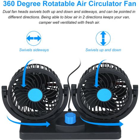 Ventilador USB de doble cabezal de 12 V, ventilador de escritorio giratorio de 360 grados, potente circulador de aire de 6,5 W con 2 velocidades, cable de 1 m para coche, camión, oficina, dormitorio. (1/3)