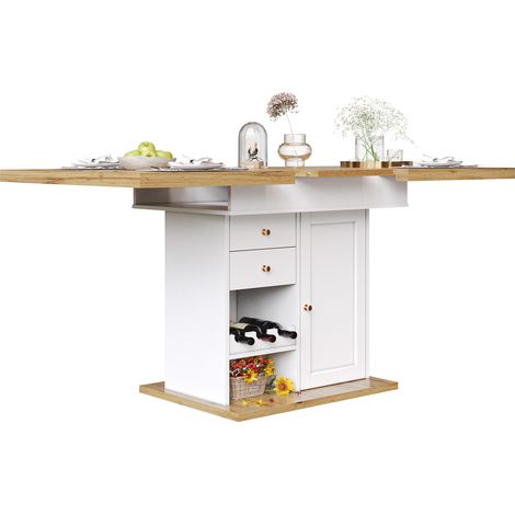 Table à manger extensible 110-140 x 80 cm avec rangement, tiroir, étagères réglables et range-bouteilles, table de cuisine gain de place blanc et bois clair  CHICFURN (1/5)