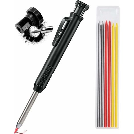 Crayon chantier-Crayon de charpentier avec 7 Recharges, solide et extensible menuisier taille-crayon intégré, outils marquage porte-mines pour Verre, Céramique, Bois,noir (1/5)