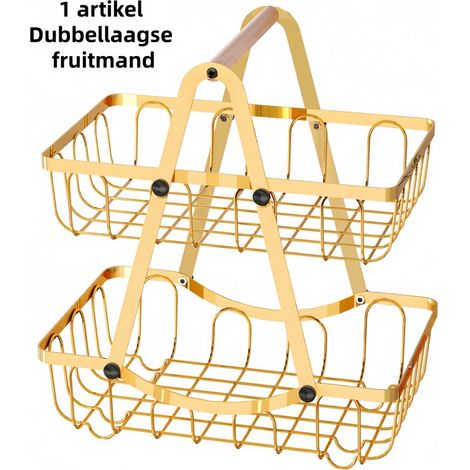 Corbeille à fruits double compartiment - Démontable - Fer forgé - Conception à double compartiment - Convient pour le rangement dans la cuisine et le salon - Avec poignée en bois - Doré (1/5)