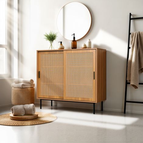 URBAN MEUBLE Meuble de salle de bain effet bois 2 portes coulissantes en rotin 100x90x37cm (1/5)