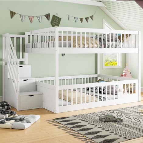Lit superposé 140 x 200 cm pour enfant, avec escalier de sécurité et tiroirs, lit simple en bois blanc avec rangement pour enfants et adolescents.