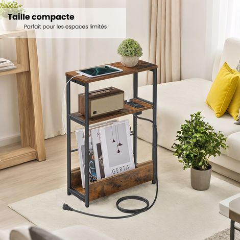 Table d'Appoint avec Station de Recharge, Table d'Extrémité Étroite à 3 Niveaux, Porte-Revue, pour Salon, Chambre, Bureau, Marron et Noir (1/5)