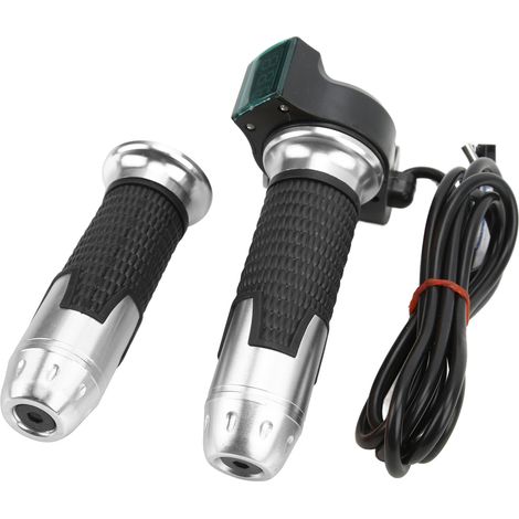 Set aus 2 Gasgriffen für E-Bikes, Geschwindigkeitsregelung, mit grüner Digitalanzeige, genarbter Oberfläche und silberner Beschichtung. (1/5)