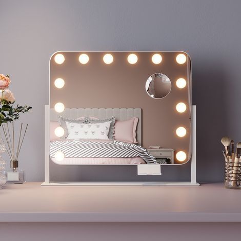 ELEGANT 360°Rotation Hollywood Vanity Mirror 50x40cm with 14 Dimmable LED Bulbs Makeup Mirror with 10X Magnification 3 Color Modes, USB Charging Port (1/5)