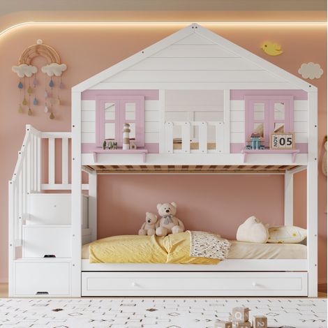 DESVIAE Lit superposé enfant avec lit gigogne rangement escalier penderie fenêtres et toit blanc rose 90 x 200 cm (1/5)
