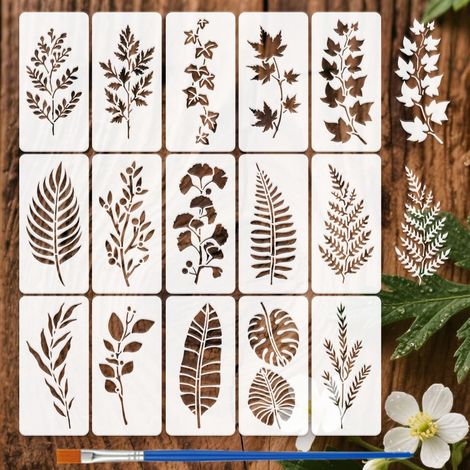 15Pcs Pochoirs Feuilles de Plantes Avec Pinceau 20x10cm Pochoirs Feuille Palmier Fougère Pochoir Petites Feuilles Tropicales Réutilisable Pochoir Végétal pour Murs Portes Bois Meubles (1/5)