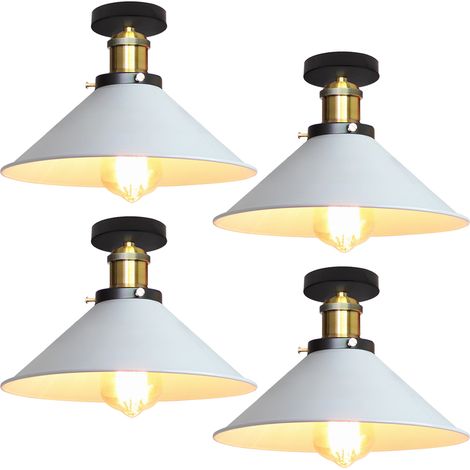 Lot de 4 plafonniers de style industriel, lustres rétro en métal, suspensions LED, plafonniers de haute qualité, φ22 cm (blanc et doré) (1/5)
