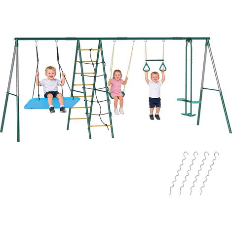Portique de jeux 5-en-1 avec balancoire nid anneaux et echelle pour enfants 440x175x203 cm