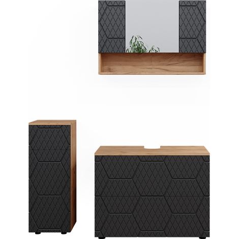 Meubles bain Irma, Anthracite avec structure en nid d'abeille, 3 pièces, avec armoire à tiroirs et armoire middle, Vicco