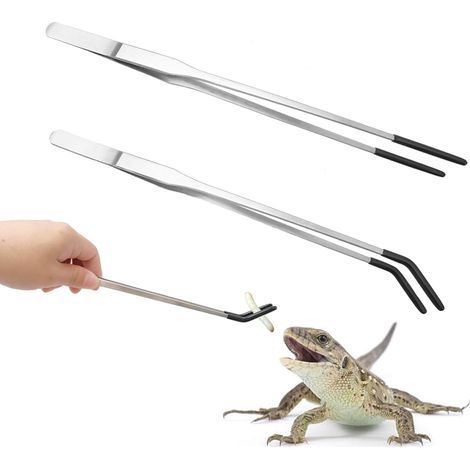 Set aus 2 Edelstahl-Fütterungszangen für Reptilien mit 26,6 cm langen Gummispitzen, gerade und gebogene Zange für Aquarien und Terrarien (1/5)