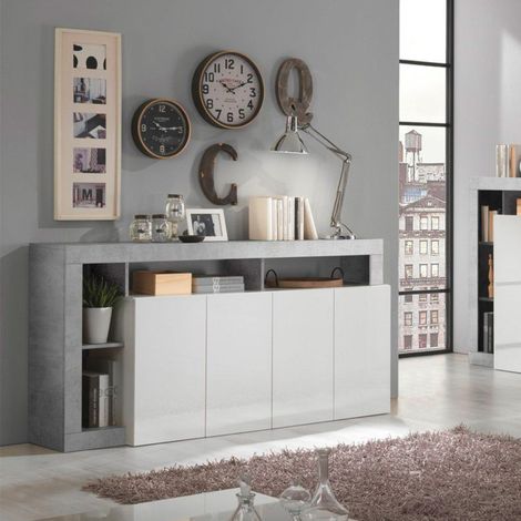 Wohnzimmerschrank Cadiz BC, 4 Türen, Hochglanz Weiß Grau Betonoptik