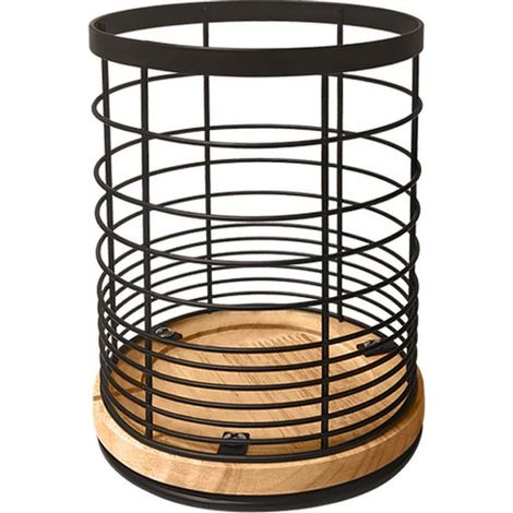 Porte-ustensiles de cuisine - Support à ustensiles - Base pivotante en bois - Panier de cuisine multifonctionnel - Panier de rangement pour plan de travail - 13,5 x 13,5 x 18,6 cm - Noir - Métal (1/4)