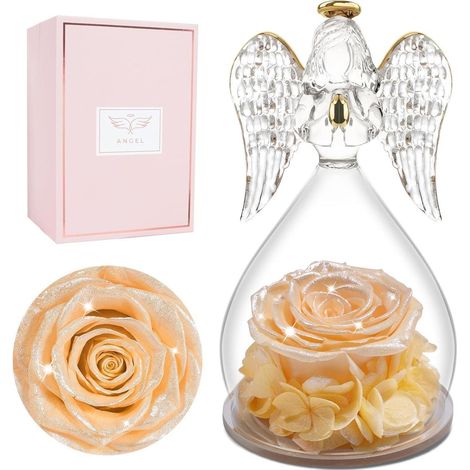 Engelfigur Ewige Rose Glaskuppel Schutzengel Glänzendes Champagner (1/5)