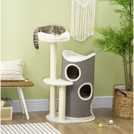 Arbre à chat 60x44,5x109 cm en contreplaqué blanc et gris avec tonneau à griffer, stable – MEUBLIV (1/5)