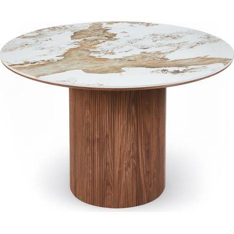 Table ronde moderne 120cm Églantine Céramique effet marbre blanc et pied colonne strié (1/5)