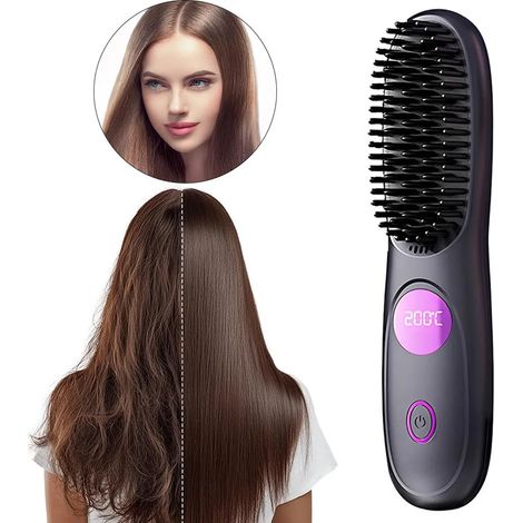 Piastra per capelli, pettine lisciante, piastra per capelli senza fili, mini piastra per capelli portatile con 3 impostazioni di temperatura e display a LED per lo styling dei capelli.