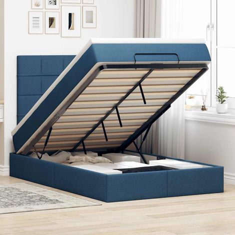 Cadre de lit ottoman avec matelas bleu 120x190 cm tissu (1/5)