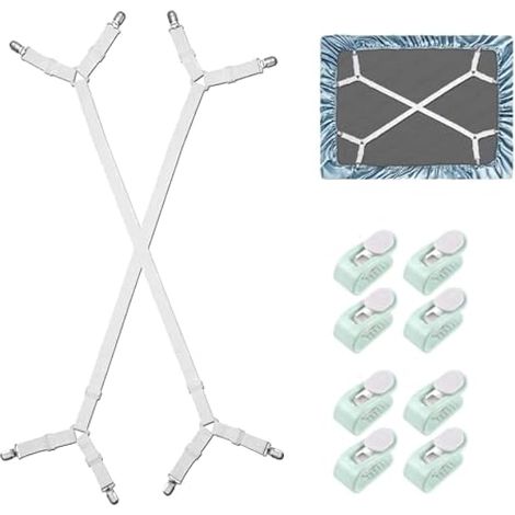 Lot de 8 tendeurs de drap réglables avec 8 clips de housse de couette, tendeurs triangulaires de 100 à 250 cm, tendeurs élastiques avec clip en métal pour draps, matelas, planche à repasser,