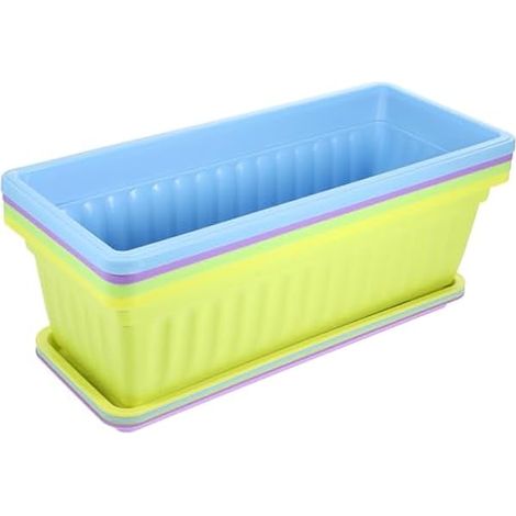 Pots de Fleurs Sets de Jardinières Rectangulaires en Résine avec Plateau Lot de 4 Drainage Intégré, Style Naturel et Pratique pour Balcon et Rebord de Fenêtre (1/5)