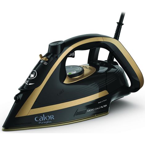 Tefal Puregliss Ferro a Vapore, 3000 Watt, Colpo di Vapore 280 g/min, Vapore Verticale, Tecnologia Anti Macchie, Spegnimento Automatico, Nero/Oro, FV8064 (1/5)
