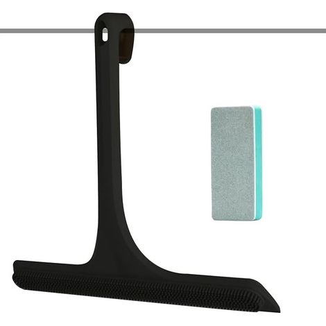 Streak-Free Shower Squeegee with Integrated Hook, Silicone Window Squeegee with Bristles for Cleaning Shower Walls, Windows, Mirrors, Tiles, Cars, and Bathtubs - Black (1/5)