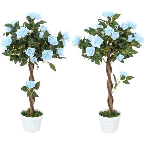 Set of 2 Artificial Plants White Rose Floral in Pot, Fake Plants for Home Indoor Decor, 90cm, Light Blue (1/5)