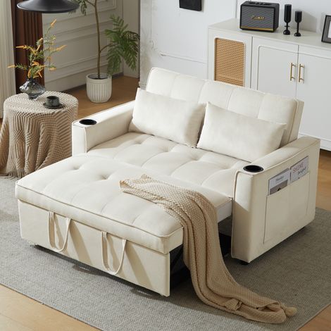 Canapé convertible 2 places Samt Beige 137x76,5x83 cm, mit Getränkehaltern und verstellbarer Rückenlehne