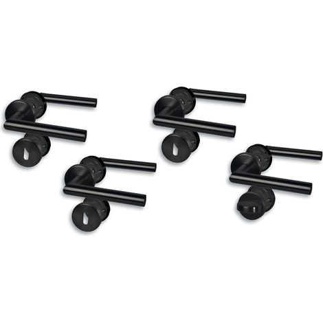 Garniture de porte à rosace I Lot de 4 ferrures de porte en acier inoxydable noir pour 3 portes de chambre avec trou de serrure à clé et 1 porte WC de salle de bain, cliprosette Ø 52 mm, poignée de (1/5)