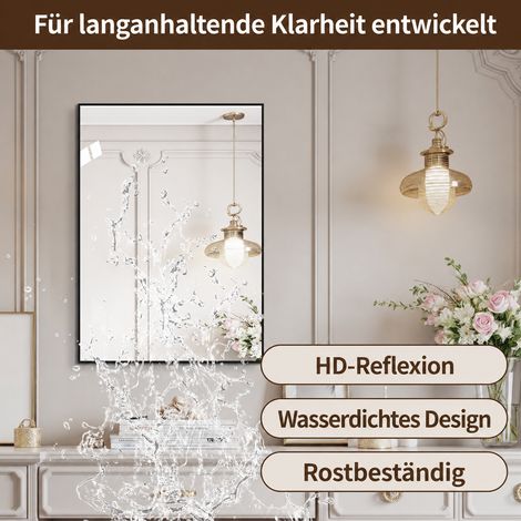 Miroir mural 50x70cm à cadre en aluminium noir, HD sans cuivre, fixation horizontale et verticale, idéal salle de bain, entrée et dressing