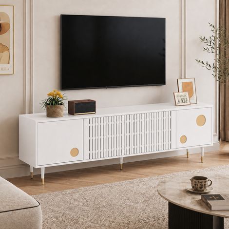 Meuble TV blanc 170x36x54 cm, meuble bas de salon 4 portes avec façade à lattes, détails dorés, grand rangement, passe-câbles, MDF (1/5)