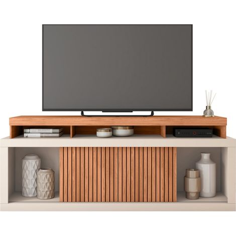 Beaux Meubles Pas Chers – Meuble TV 180 cm pour TV 70 pouces – 2 portes coulissantes – Finition imitation chêne et blanc – 3 niches et 4 grandes niches (1/5)