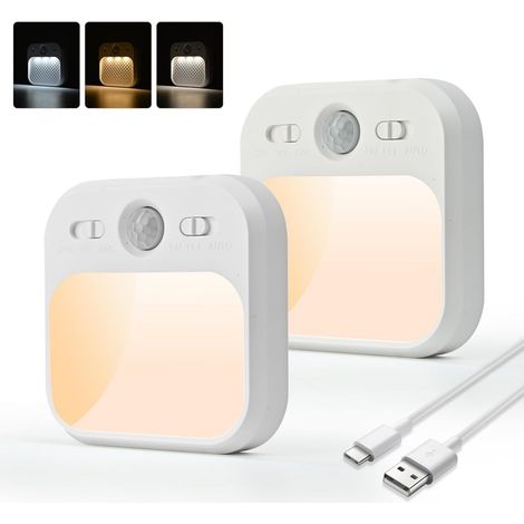 Veilleuses avec détecteur de mouvement - Lot de 2 - Veilleuses LED rechargeables USB-C - Luminosité réglable - 3 modes (auto/arrêt/marche) - Lumière blanche chaude - Lampe d'intérieur avec capteur (1/5)