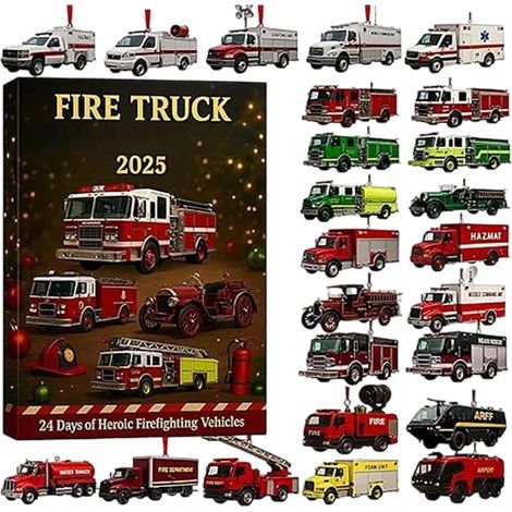 Calendrier de l'Avent Camion de Pompiers 2025, 24 jours avec mini véhicule et pendentif. Décoration et jouet de Noël pour enfants.(2D) (1/5)