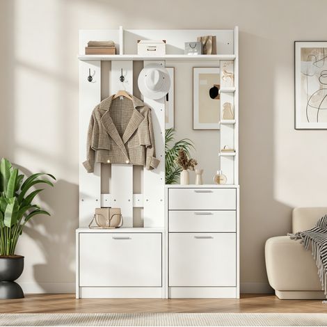 Garderobenschrank 110x34x185 cm, mit Spiegel und Schuhschränken, MDF, Weiß (1/5)
