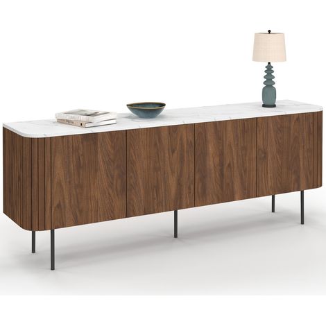 Credenza bassa MARLA 160 cm con 4 ante e doghe effetto noce e piano in marmo bianco ALASKA