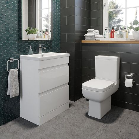 600mm Bathroom Drawer Vanity Unit Basin Modern Soft Close Toilet WC Gloss White (1/6)