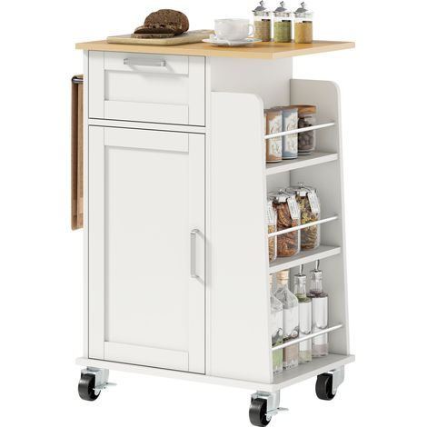 Carrello da cucina con ruote, isola cucina con frontale a chiusura ammortizzata, cassetto, portasciugamani, 3 portaspezie e ripiani regolabili, carrello portaoggetti in legno multiuso, 62x40x87 cm, bi